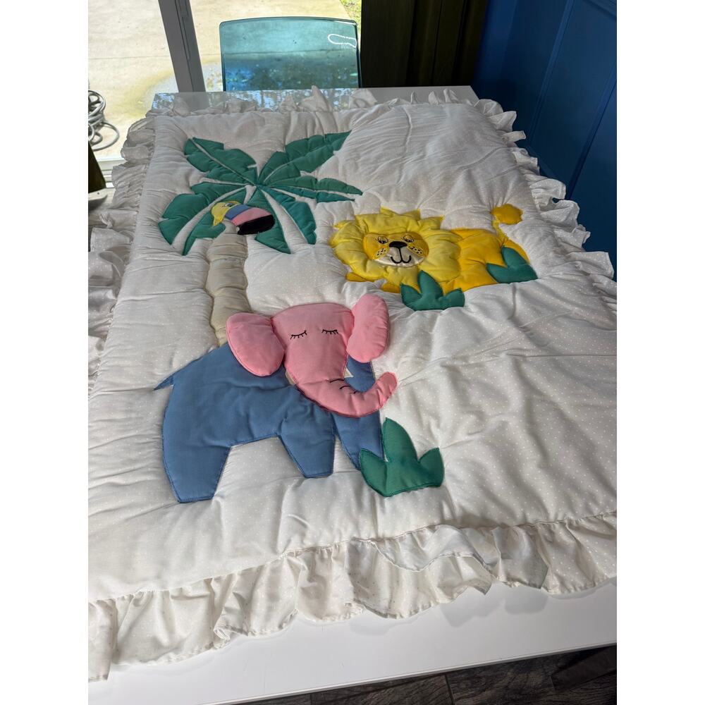 Handmade Jungle Animal Quilt white Vintage 90s Safari Nursery Baby Blanket